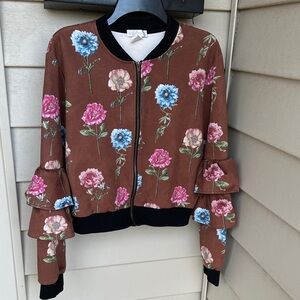 Jealous Tomato Floral Ruffle Sleeve Jacket - Brown, Size XL